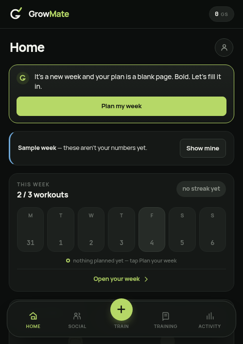GrowMate — Home, met je week en trainingsstreak