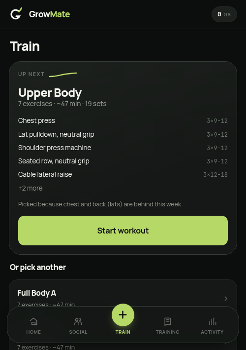 GrowMate — Train, met de voorgestelde workout